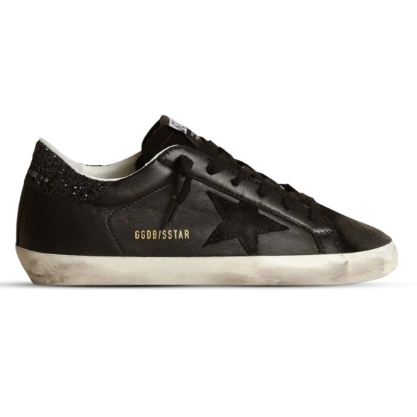 Женские кеды Golden Goose Super-Star In Black Nappa With Black Star And Glitter Heel Tab