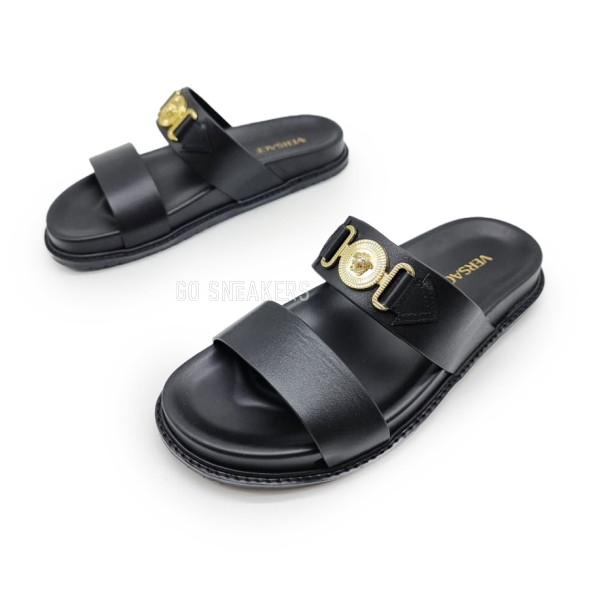 Мужские шлепки Versace Flip-flops Leather Black/Gold Logo
