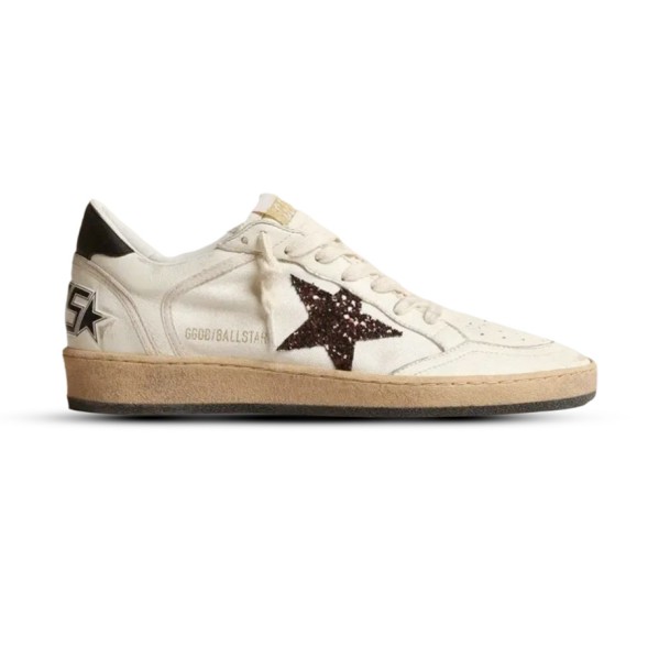 Женские кеды Golden Goose Ball Star Chicory-Coffee Glitter Star and Black Leather Heel Tab