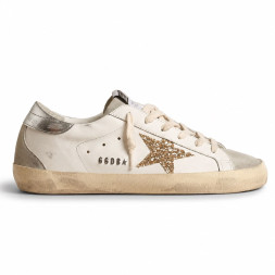 Golden Goose GG Super-Star With Gold Glitter Star and Ice-Gray Suede Inserts